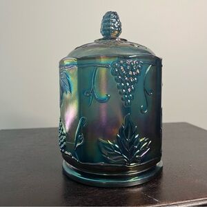 Indiana Glass Iridescent Blue Covered Candy Jar with Grape Motif